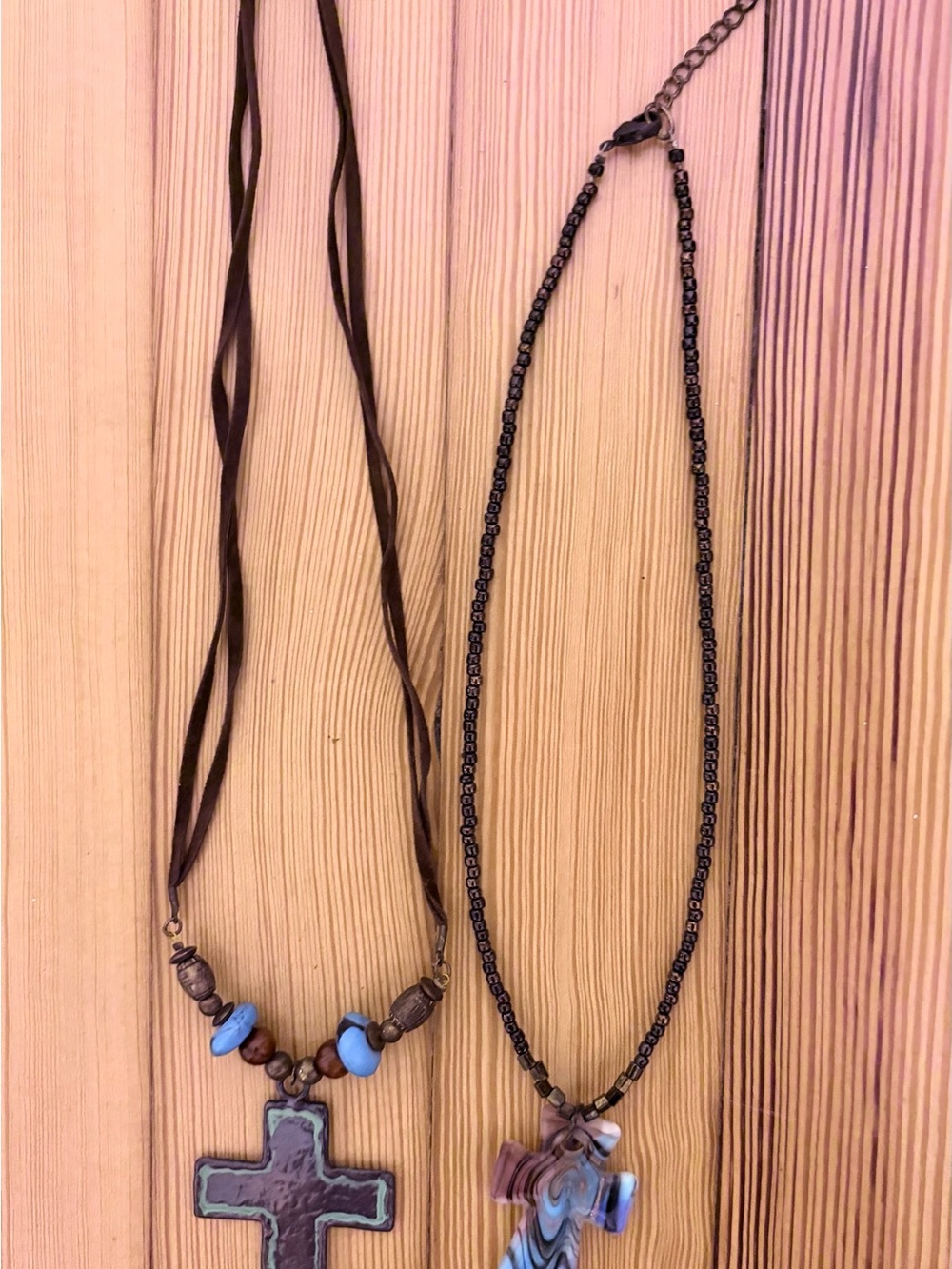 Boho Cross Pendant Necklaces in Brown and Blue and Green; Metal and Glass; 12in